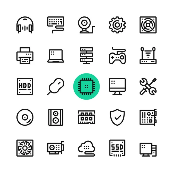 Piezas Computadora Iconos Línea Hardware Computadora Configurados Conceptos Diseño Gráfico — Vector de stock