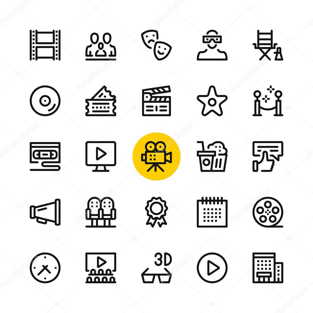 Cinema, film industry, video production line icons set. Modern graphic design concepts, simple outline elements collection. 32x32 px. Pixel perfect. Vector line icons