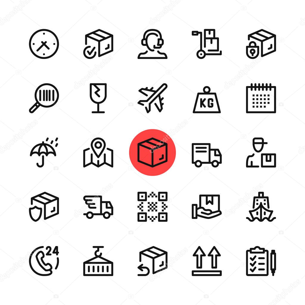 Logistics, delivery, shipping line icons set. Modern graphic design concepts, simple outline elements collection. 32x32 px. Pixel perfect. Vector line icons