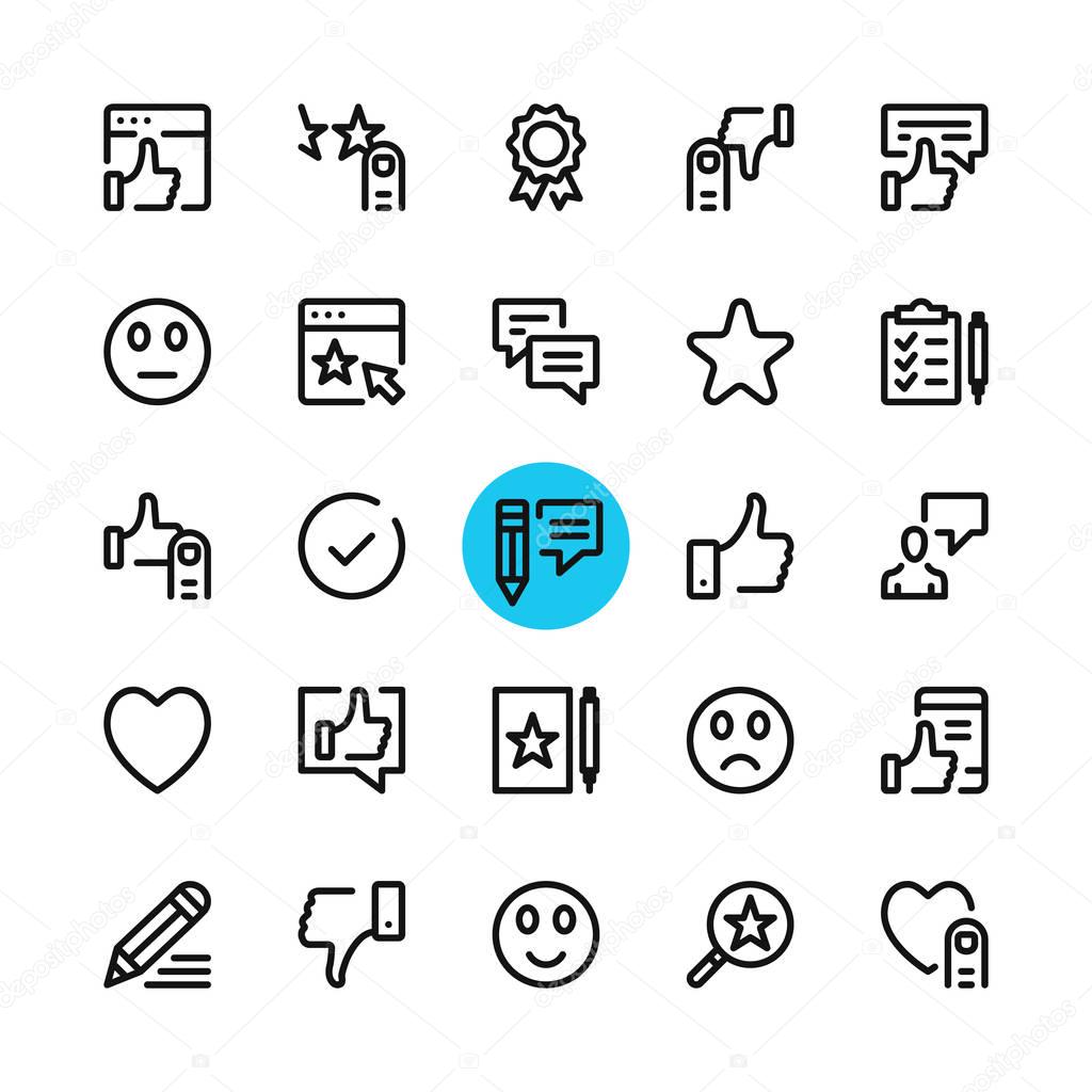 Testimonials, feedback, customer satisfaction, review line icons set. Modern graphic design concepts, simple outline elements collection. 32x32 px. Pixel perfect. Vector line icons