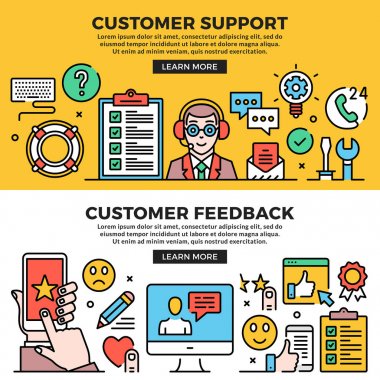 Müşteri destek, müşteri geribildirim web set afiş. Hat sanat kavramları. Yaratıcı modern düz tasarım anahat grafik öğelerini, satır simgeler, doğrusal sembolleri, şablonlar. Vektör çizim