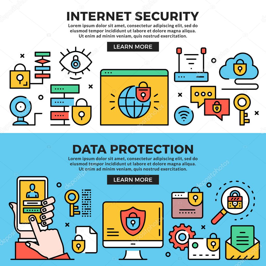 Internet security, data protection web banners set. Line art concepts. Creative modern flat design outline graphic elements, line icons, linear symbols, templates. Vector illustration