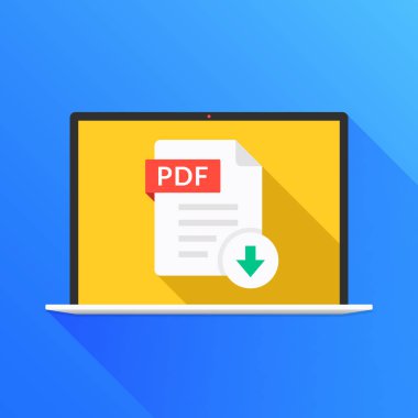 Dizüstü bilgisayar ekranında PDF düğmesini indirin. Belge kavramı indiriyor. Dosya Pdf etiketli ve ok işareti aşağı. Modern uzun gölge düz tasarım. Vektör çizim
