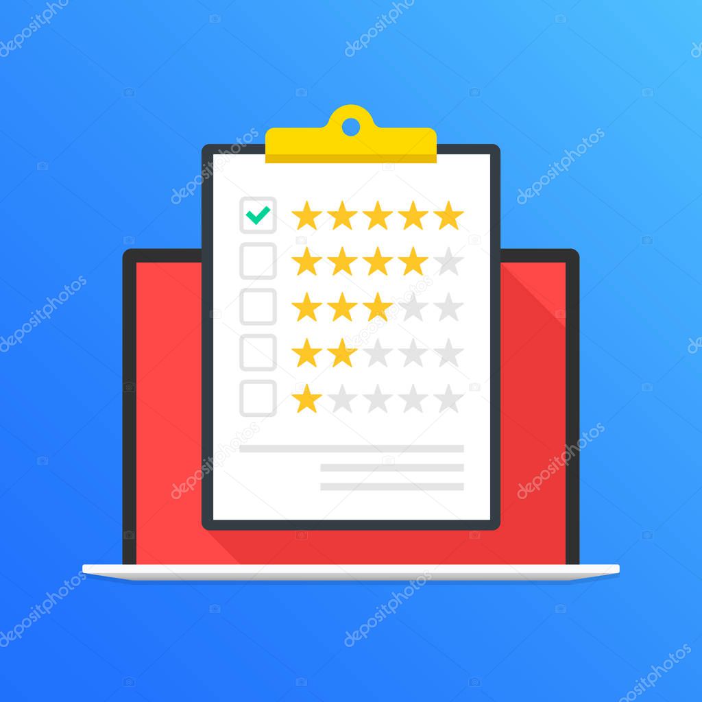 Laptop and clipboard with rating stars. Five stars and green check mark in checklist. Customer review, quality control, customer service, client satisfaction concepts. Flat design. Vector illustration