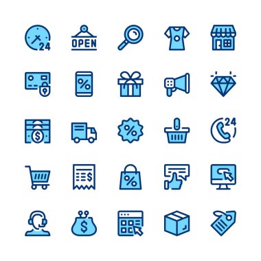 E-ticaret, Internet ticaret, online alışveriş satır simgeleri ayarlayın. Modern grafik tasarım kavramları, basit semboller koleksiyonu. En az ince çizgili Tema. Sınıf kalitesi. Piksel mükemmel. Vektör anahat simgeleri