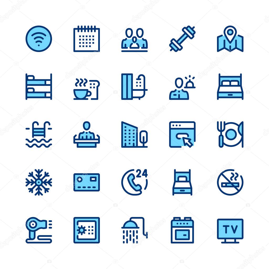 Hotel services and amenities line icons set. Modern graphic design concepts, simple symbols, pictograms collection. Minimal thin line design. Premium quality. Pixel perfect. Vector outline icons