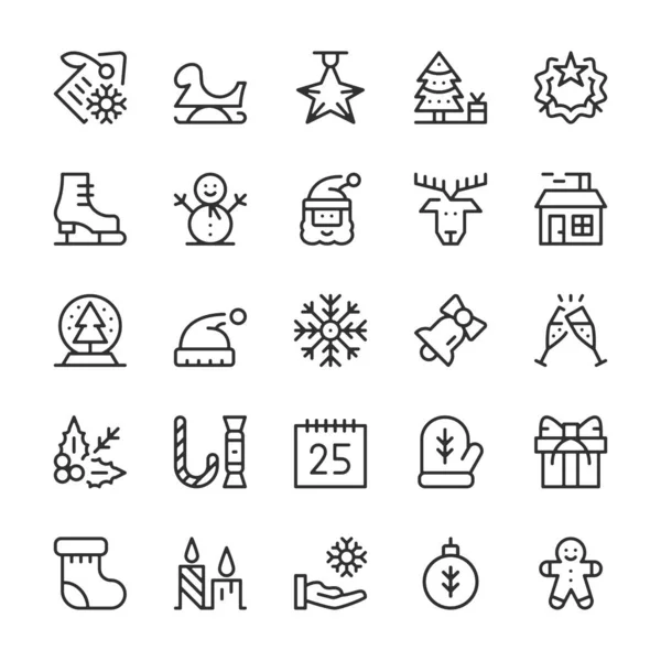 Icônes Ligne Noël Ensemble Symboles Contour Simples Collection Éléments Linéaires — Image vectorielle