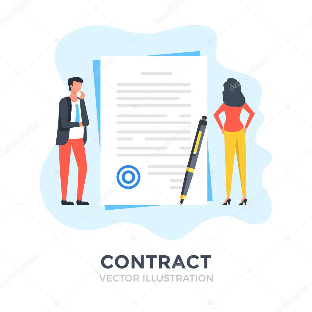 Contract. Flat design. Agreement, business document, deal, financial application, job interview concepts. Vector illustration