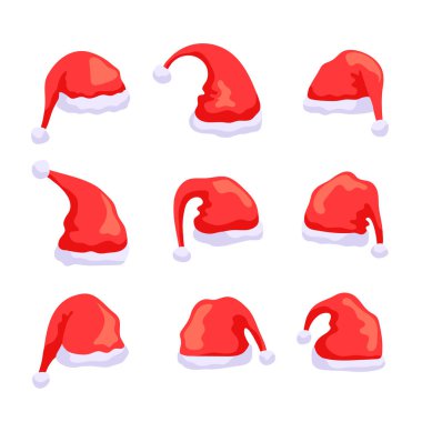 Noel Baba Noel şapkası seti. Kırmızı Noel Baba şapka ve şapka koleksiyonu. Vektör illüstrasyonu