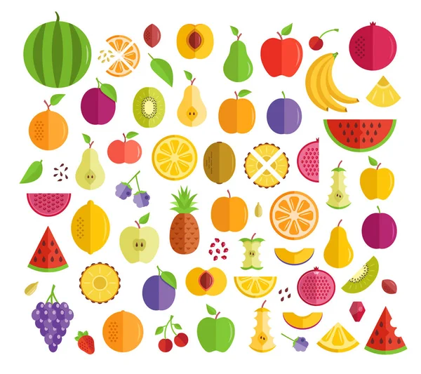 Conjunto Frutas Diseño Plano Manzana Piña Naranja Kiwi Ciruela Etc — Vector de stock