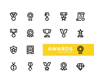 Ödül çizgisi simgeleri ayarlandı. Piksel Mükemmel. Modern taslak semboller koleksiyonu, minimal stil basit doğrusal grafik tasarım elemanları. Vektör satırı simgeleri