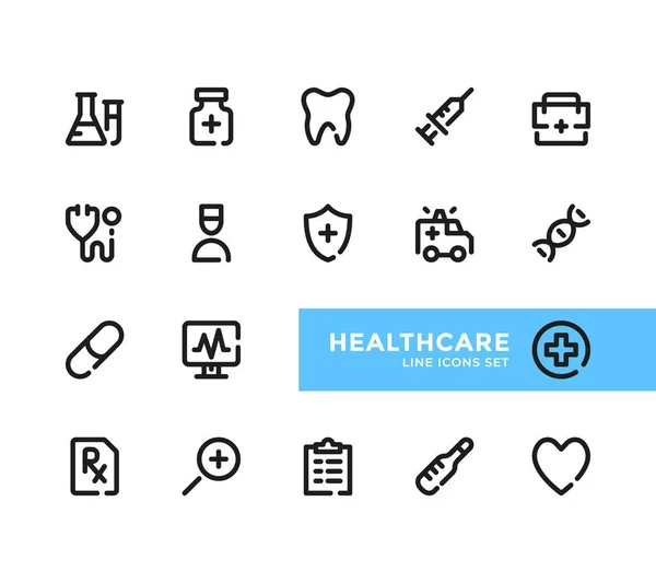 Conjunto Iconos Línea Atención Médica Pixel Perfecto Colección Símbolos Contorno — Vector de stock