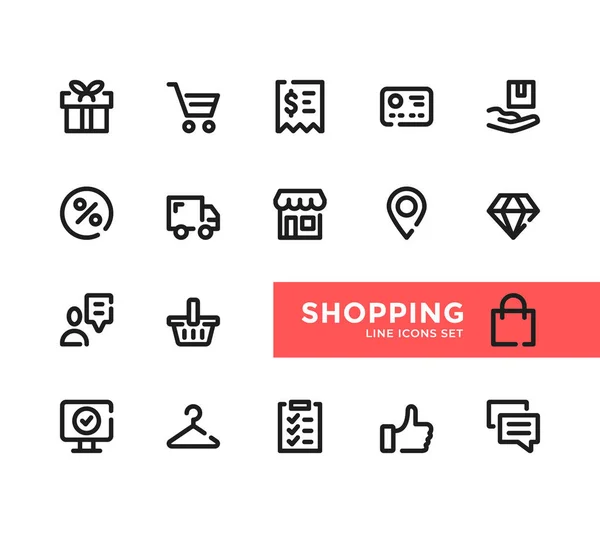 Icônes Ligne Shopping Réglées Pixel Parfait Collection Moderne Symboles Contour — Image vectorielle