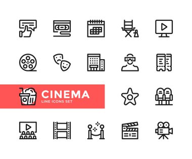 Sinema vektör çizgisi simgeleri. Basit taslak semboller, grafik tasarım elemanları. Piksel Mükemmel