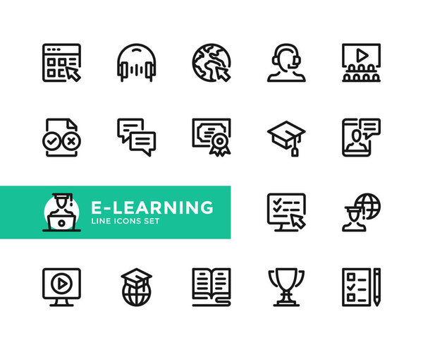 E-learning vector line icons. Simple set of outline symbols, graphic design elements. Pixel Perfect
