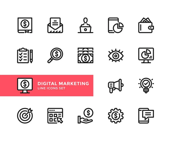 Digitális Marketing Vektor Vonal Ikonok Egyszerű Vázlatszimbólumok Grafikai Tervezési Elemek — Stock Vector