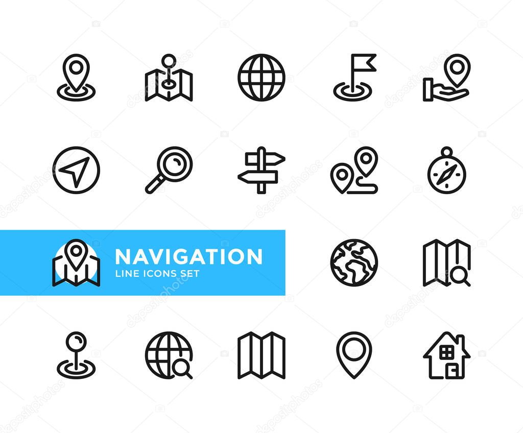 Navigation vector line icons. Simple set of outline symbols, graphic design elements. Line icons set. Pixel Perfect