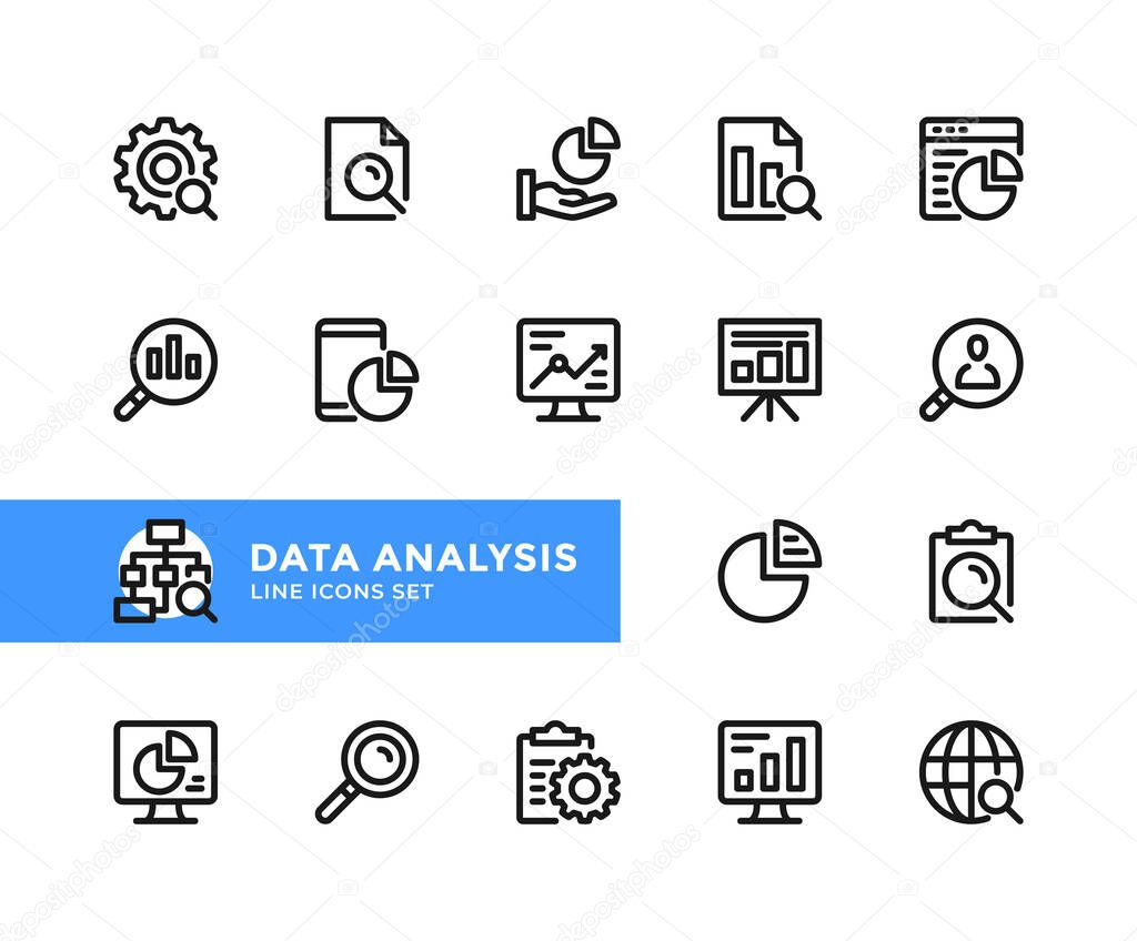 Data analysis vector line icons. Simple set of outline symbols, graphic design elements. Line icons set. Pixel Perfect