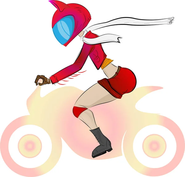 Une fille, un motard vêtu d'une veste rouge et shertas, portant un casque avec des oreilles, et portant une écharpe blanche . — Image vectorielle