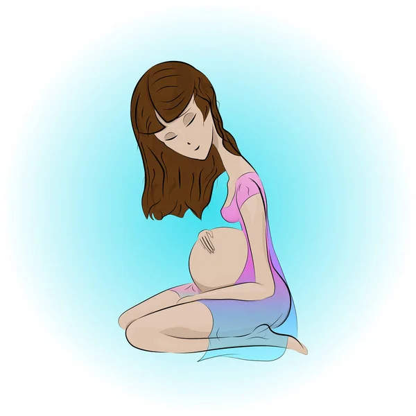 En gravid tjej i en transparent mantel som sitter i knäet på en blå bakgrund. Framtida mamma. — Stock vektor