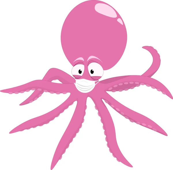 Roze Charmante Octopus Met Een Beschermend Medisch Masker Een Witte — Stockvector