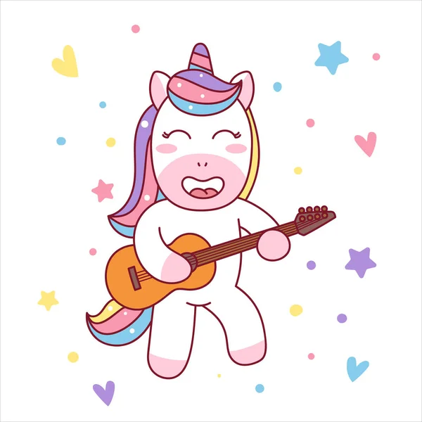 Lindo unicornio tocando la ilustración de guitarra, listo para la camiseta —  Fotos de Stock