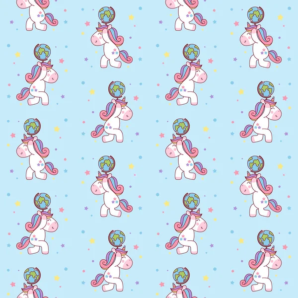 Unicorn Holding World Globe Seamless Pattern — Stock Photo, Image