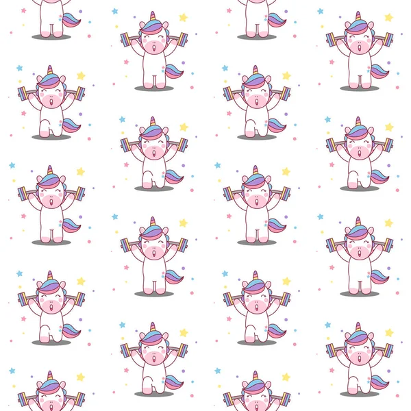 Unicorn lifts the barbell seamless pattern Illustration — ストックベクタ