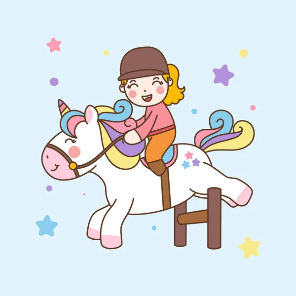 Cute Girl Ride Unicorn Jump Obstacles — ストックベクタ
