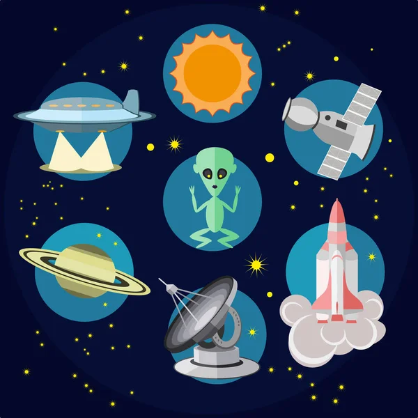 Space Icons im flachen Stil. Vektor Alien, Ufo, Sonne, Radioteleskop Illustration — Stockvektor