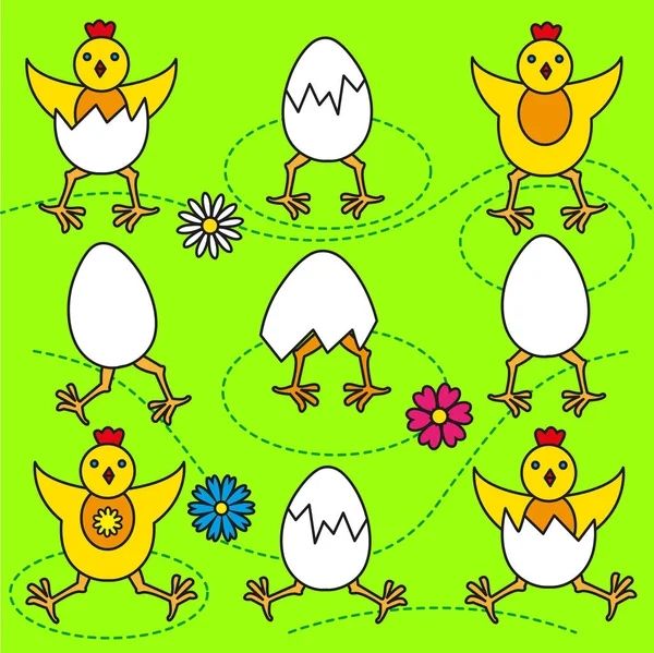 Lustige Osterküken und Eier Set Vektor Illustration — Stockvektor
