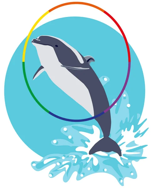 Delphin springt aus dem Wasser durch Hoop-Vektor flache Illustration — Stockvektor