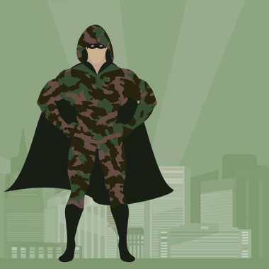 Hero in Camouflage uniform on city background vector illustration