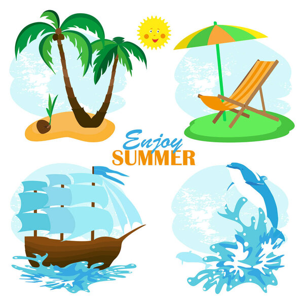 Летний набор с пальмами, кораблем, дельфином, умбрехтом
