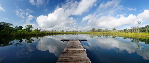 Sceneric panoramiczny widok na jezioro z drewnianym molo — Zdjęcie stockowe