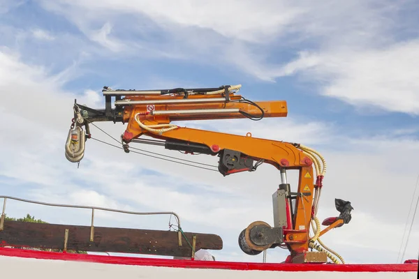 Hydraulic crane on mussel aquaculture boat