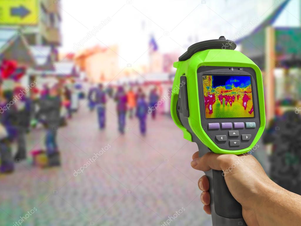 Recording with Thermal camera people walking the city streets
