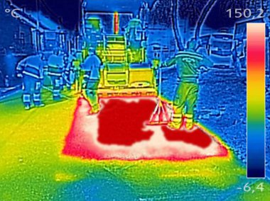 Infrared thermovision image Workers on Asphalting Road street clipart