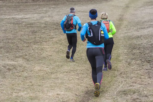 Två kvinnor och en man jogging och kör utomhus i naturen — Stockfoto