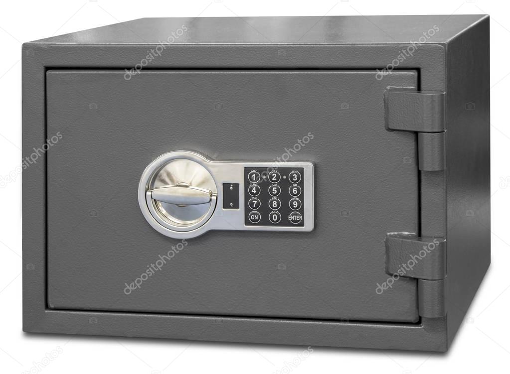 Security metal safe with digital code isolated on white backgrou