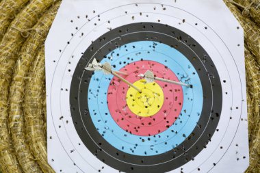 Okçuluk hedef ile okları bir saman arka plan üzerinde