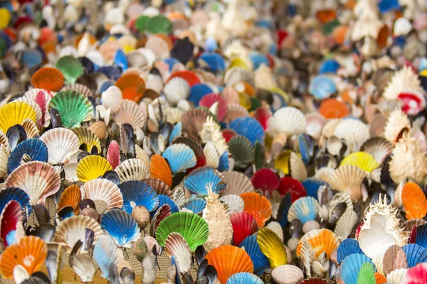 Viele bunte Muscheln als Hintergrund, selektiver Fokus — Stockfoto