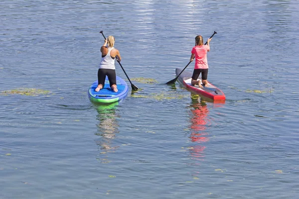 Two women practicing paddle surf in lake