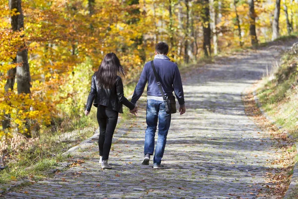 Genç çift sonbahar ormandaki bir parkta yürüyüş — Stok fotoğraf