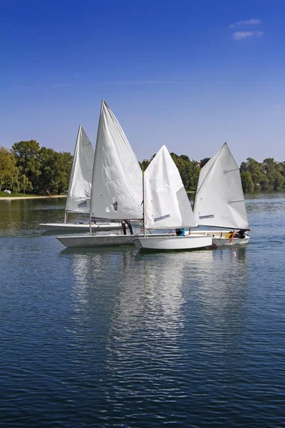 Αθλήματα ιστιοπλοΐας σε παρτίδες του μικρό άσπρο βάρκες στη λίμνη — Φωτογραφία Αρχείου