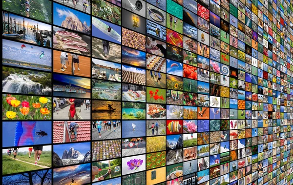 बिग मल्टीमीडिया व्हिडिओ आणि टीव्ही स्क्रीनची प्रतिमा भिंत — स्टॉक फोटो, इमेज
