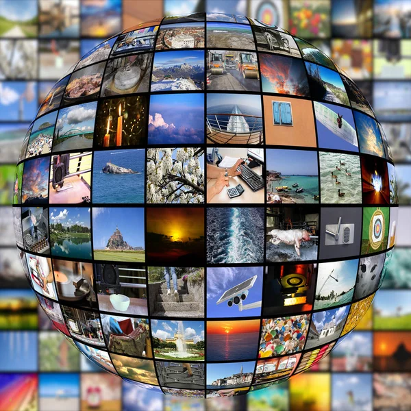 Big Multimedia Video Wall Sphere at tv screens showing living in — Stock Photo, Image