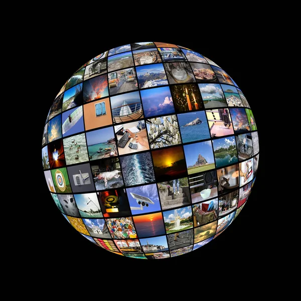 Big Multimedia Video Wall Sphere at tv screens showing living in — Stock Photo, Image