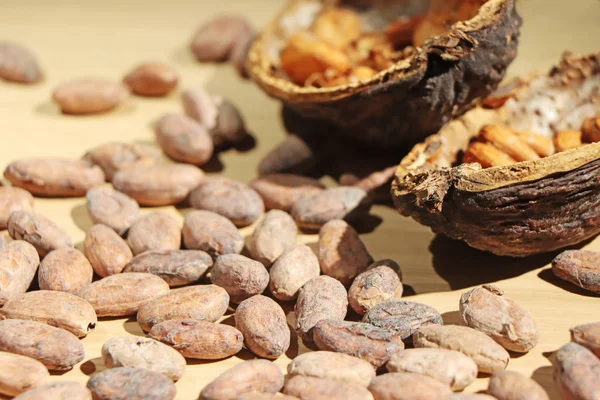 Habas de cacao y vaina de cacao en una mesa de madera —  Fotos de Stock