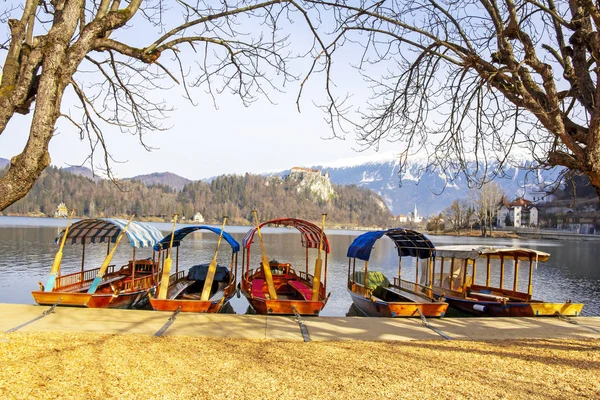 Barcos de madeira tradicionais no Lago Bled na Eslovénia — Fotografia de Stock